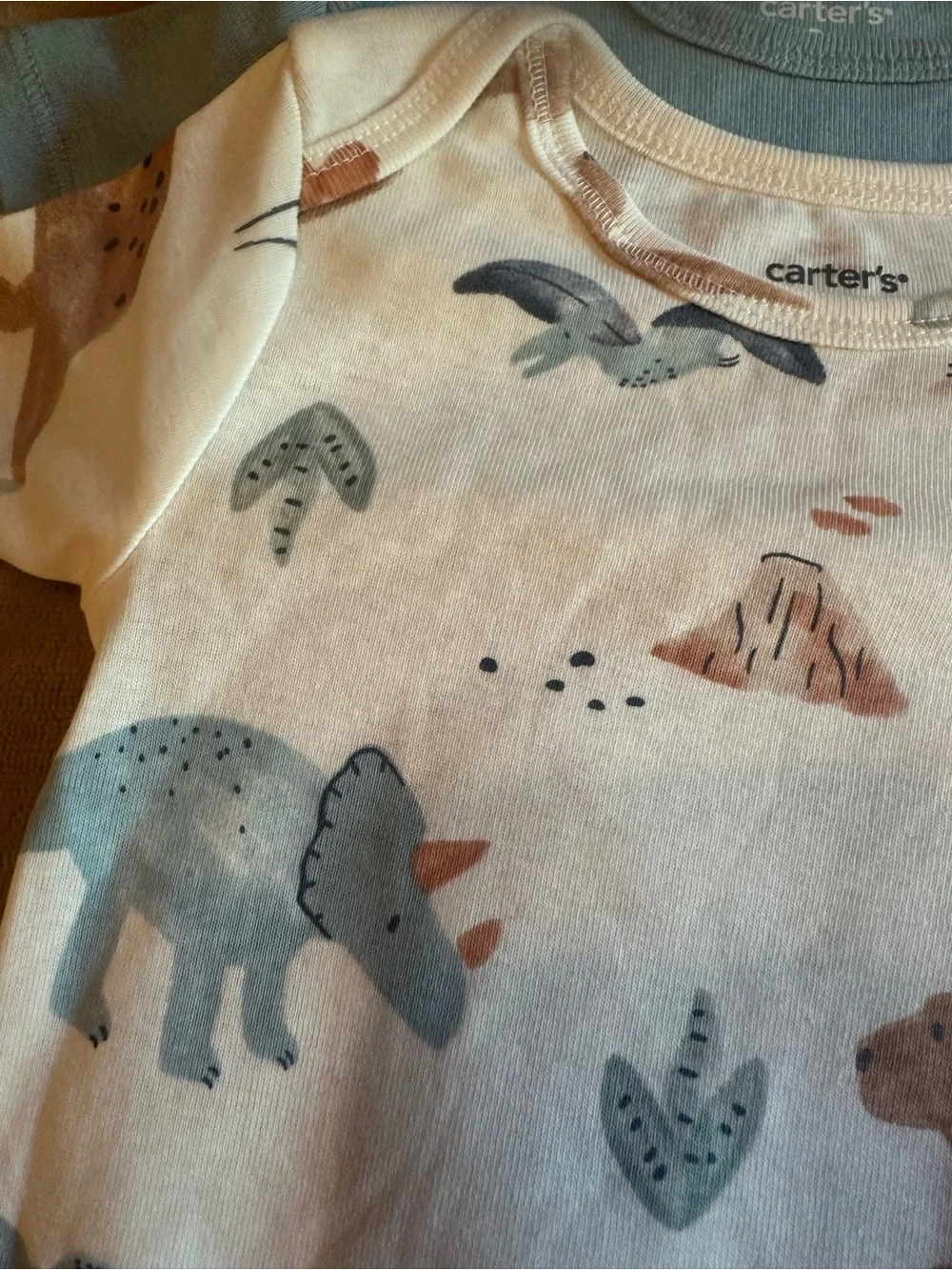 Carter's Baby Dinosaur Print Short Sleeve One-Piece Bodysuit - Cream & Blue Set